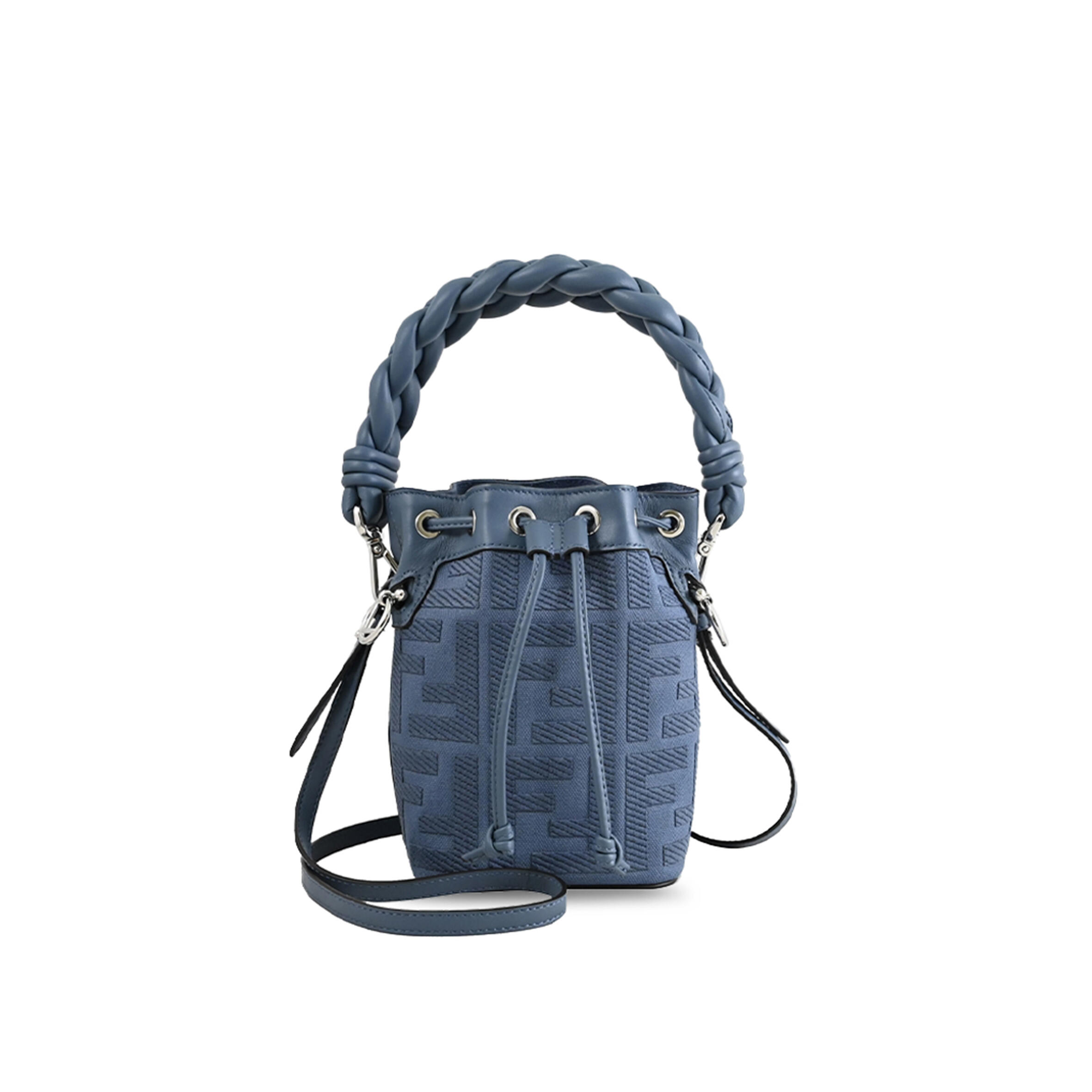 FENDI EMBROIDERED FABRIC AND LEATHER MINI MON TRESOR BUCKET BAG (18*12*10cm)